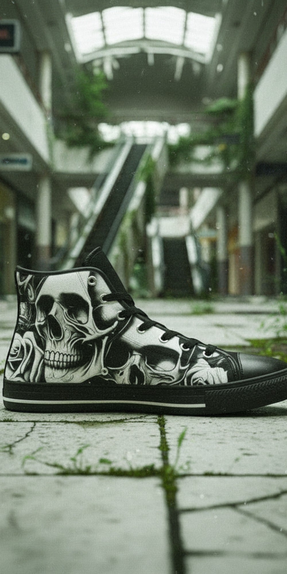 Men's Cartoon Skulls & Roses high-top canvas shoes — one-of-a-kind custom printed art, Freaky Shoes