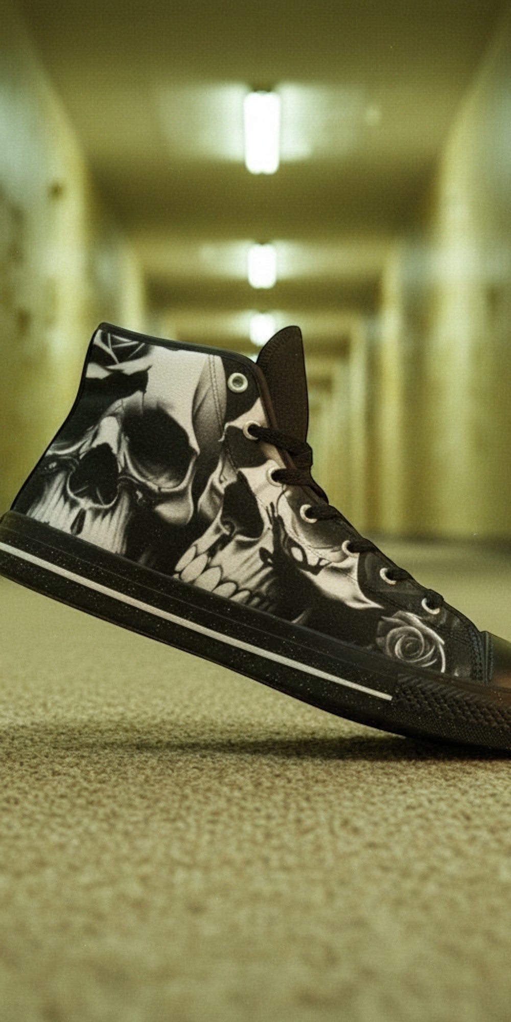 Women's Greyscale Skulls & Roses Black & White high-top canvas shoes — one-of-a-kind custom printed art, Freaky Shoes