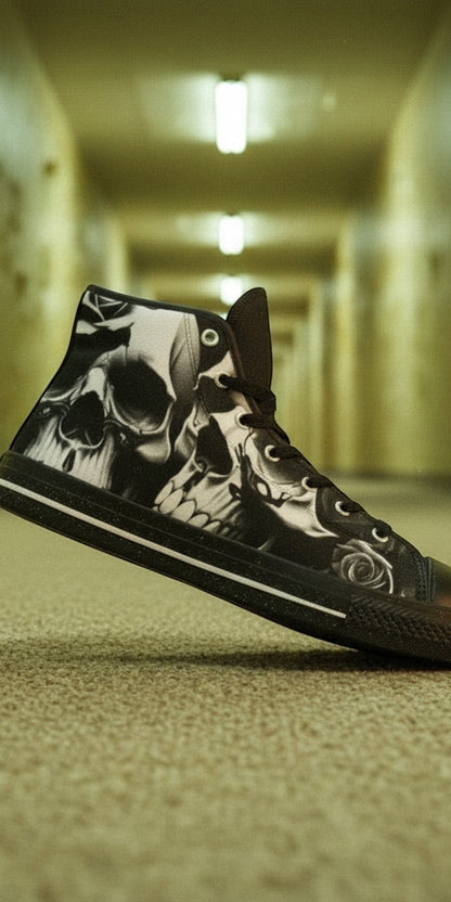 Women's Greyscale Skulls & Roses Black & White high-top canvas shoes — one-of-a-kind custom printed art, Freaky Shoes