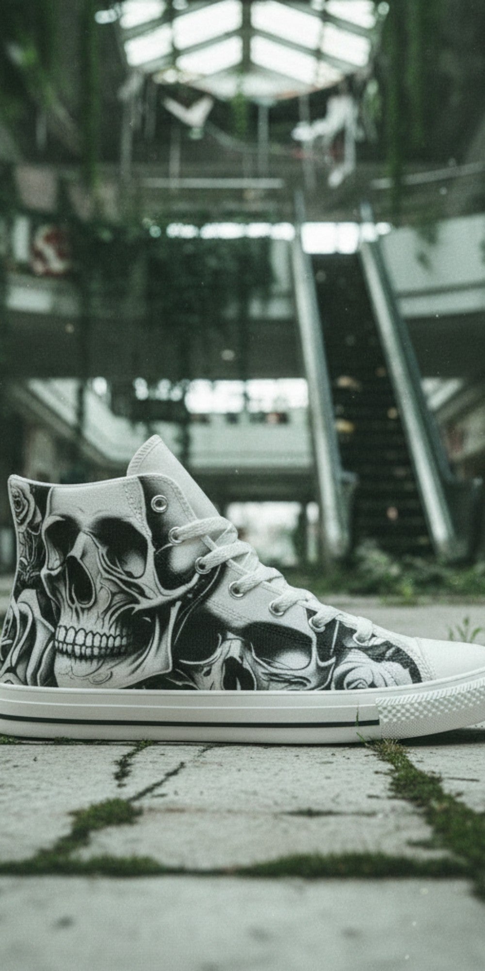 Freaky Shoes® men's high-top canvas sneakers featuring a grey skull and rose print in an abandoned mall setting.