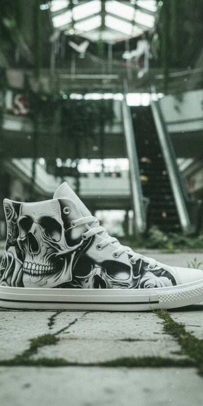 Freaky Shoes® men's high-top canvas sneakers featuring a grey skull and rose print in an abandoned mall setting.