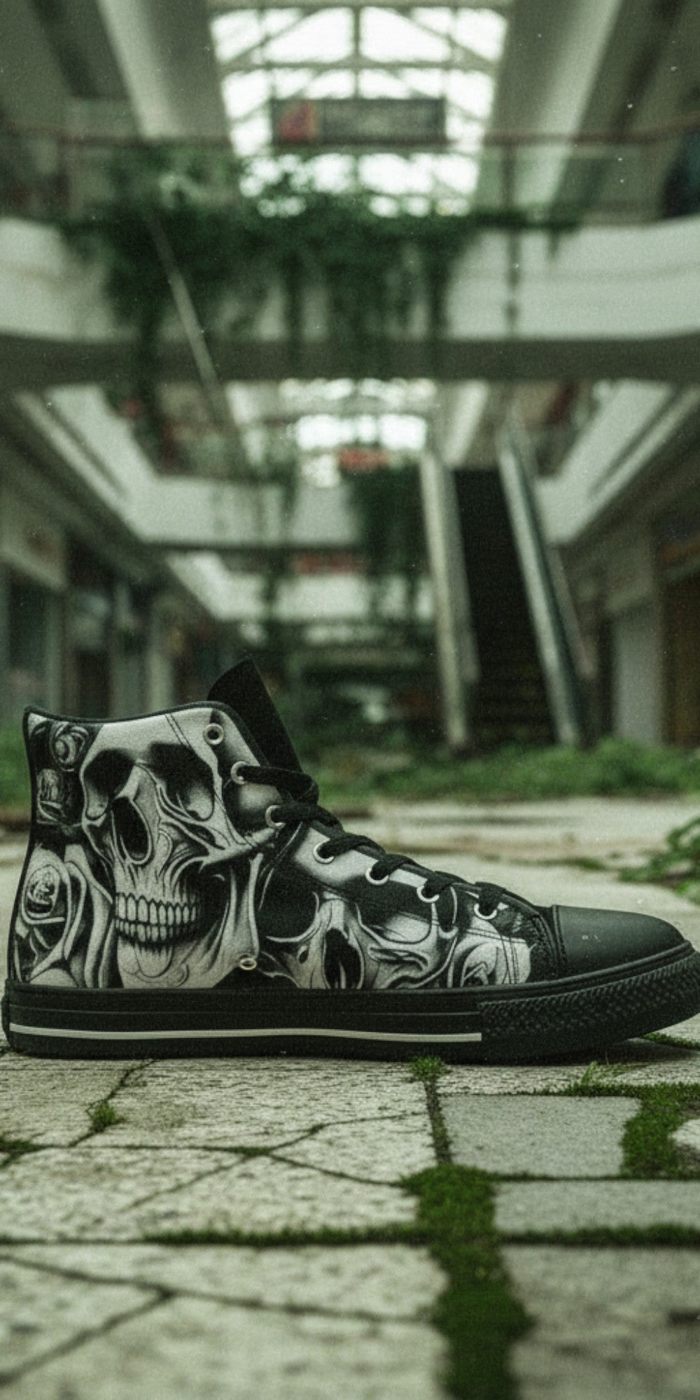 Men's Cartoon Skulls & Roses high-top canvas shoes — one-of-a-kind custom printed art, Freaky Shoes