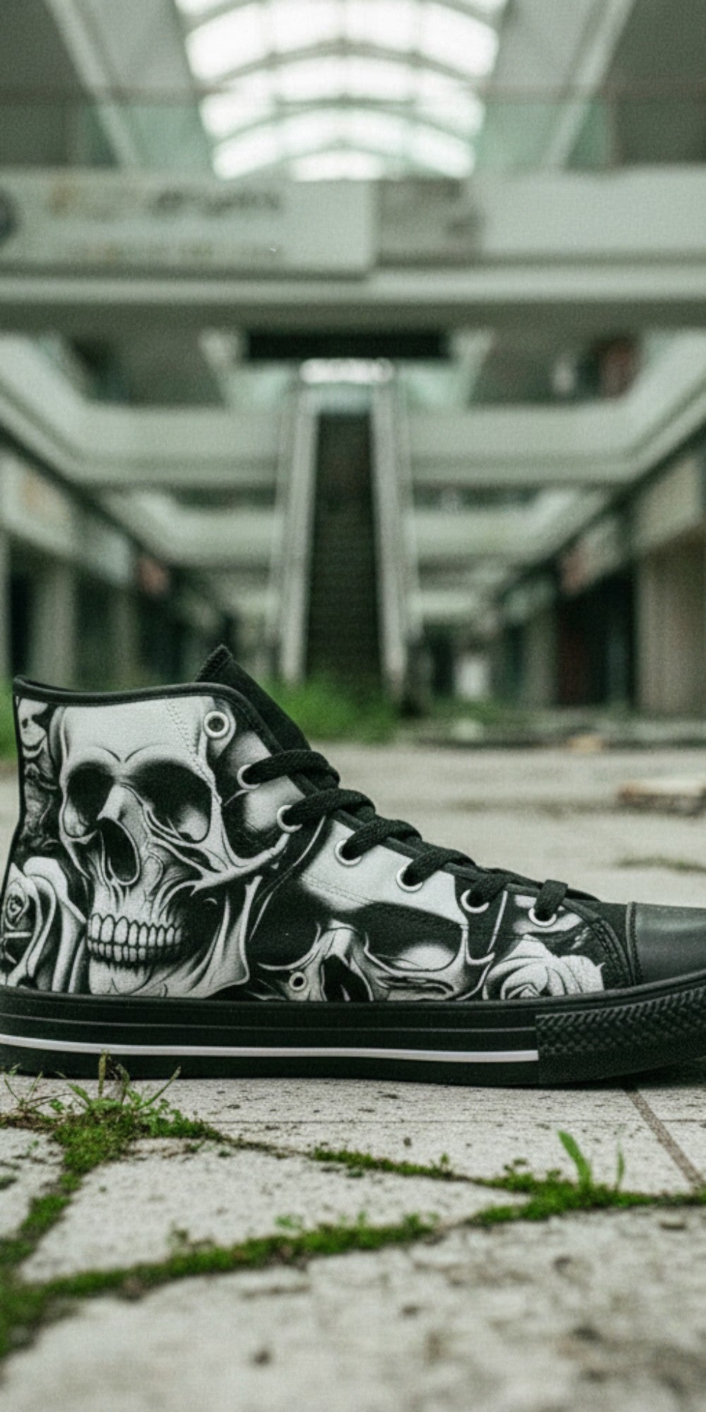 Men's Cartoon Skulls & Roses high-top canvas shoes, custom full-wrap printed design — Freaky Shoes