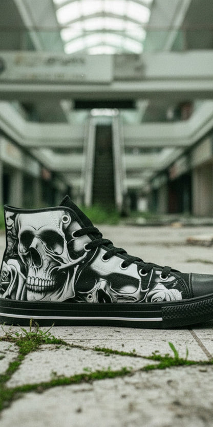 Men's Cartoon Skulls & Roses high-top canvas shoes, custom full-wrap printed design — Freaky Shoes