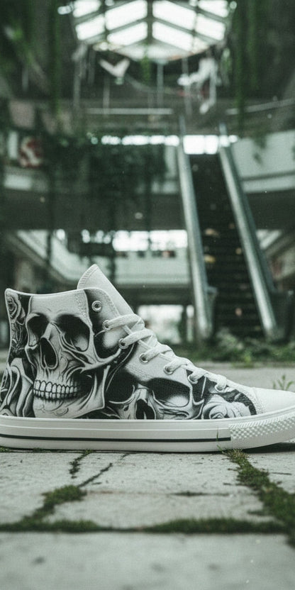 Men's Cartoon Skulls & Roses hand-made high-top canvas shoes — unique wearable art by Freaky Shoes