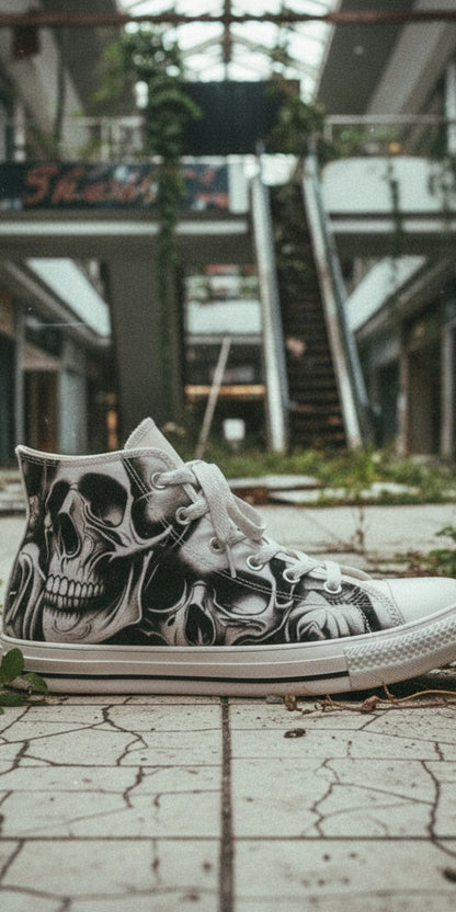 Freaky Shoes® men's high-top canvas sneakers featuring a grey skulls and roses print in an abandoned mall setting.