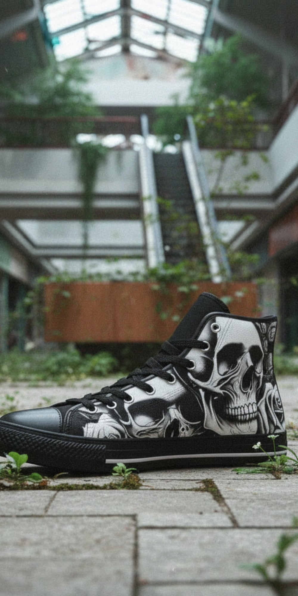 Men's Cartoon Skulls & Roses custom high-top canvas shoes — wearable art by Freaky Shoes