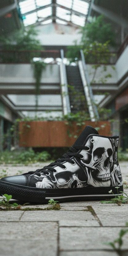 Men's Cartoon Skulls & Roses custom high-top canvas shoes — wearable art by Freaky Shoes
