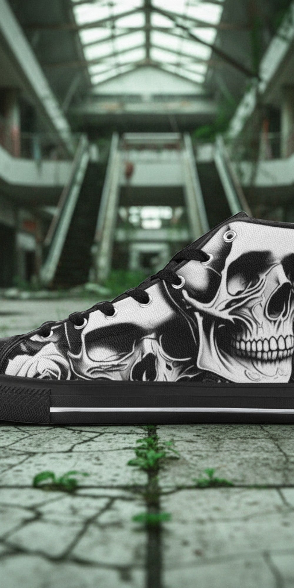 Men's Cartoon Skulls & Roses high-top canvas shoes — one-of-a-kind custom printed art, Freaky Shoes