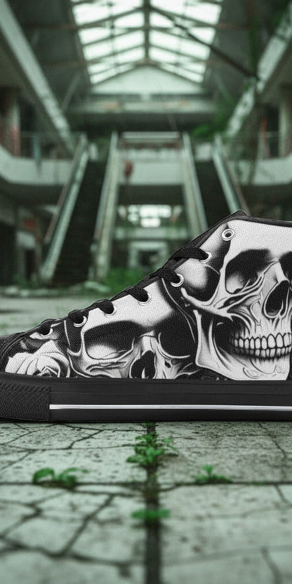 Men's Cartoon Skulls & Roses high-top canvas shoes — one-of-a-kind custom printed art, Freaky Shoes