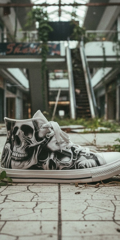 Men's Cartoon Skulls & Roses high-top canvas shoes, custom full-wrap printed design — Freaky Shoes