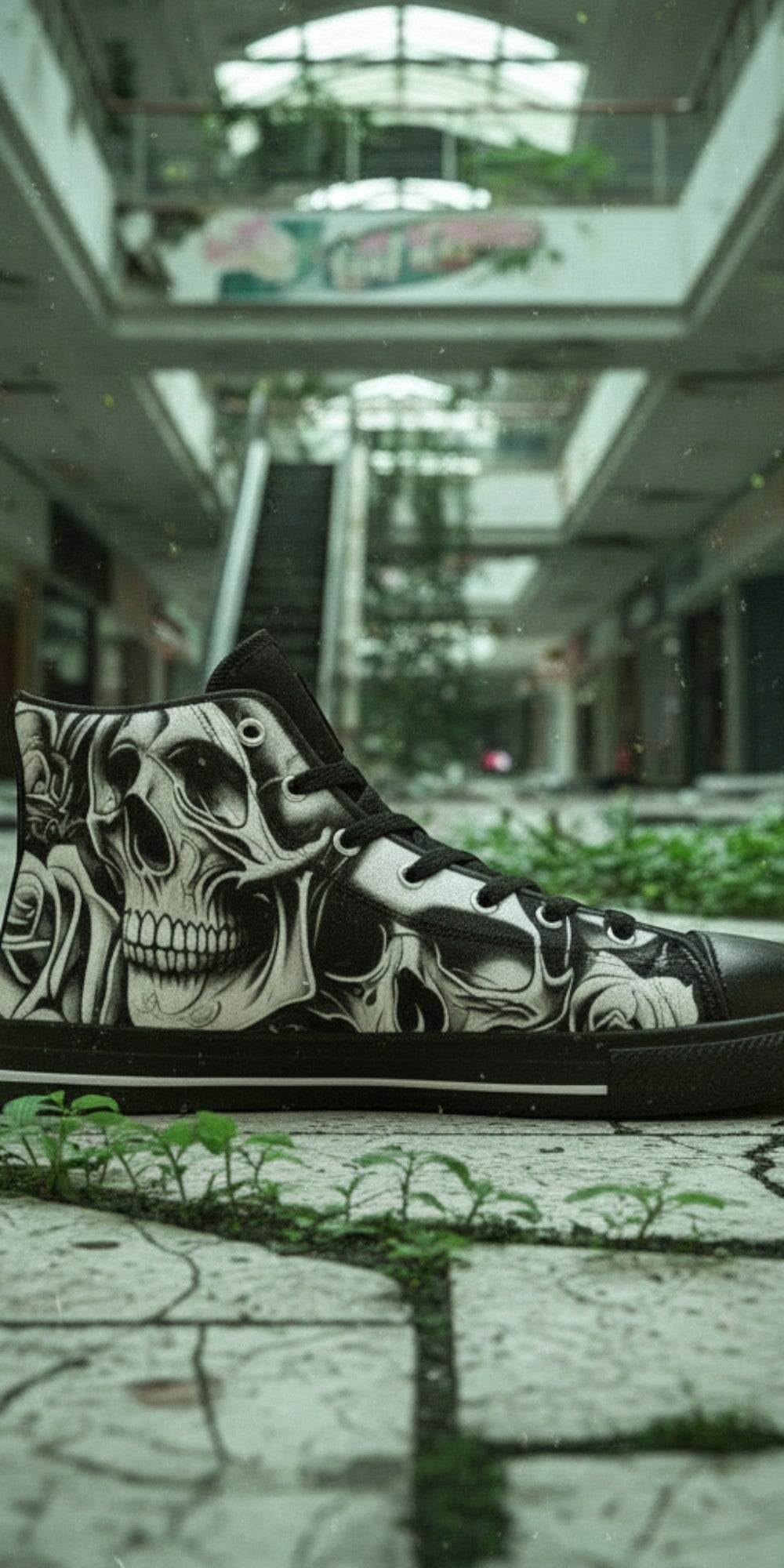 Custom Men's Cartoon Skulls & Roses high-top canvas shoes with bold all-over art — Freaky Shoes