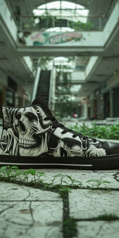 Custom Men's Cartoon Skulls & Roses high-top canvas shoes with bold all-over art — Freaky Shoes