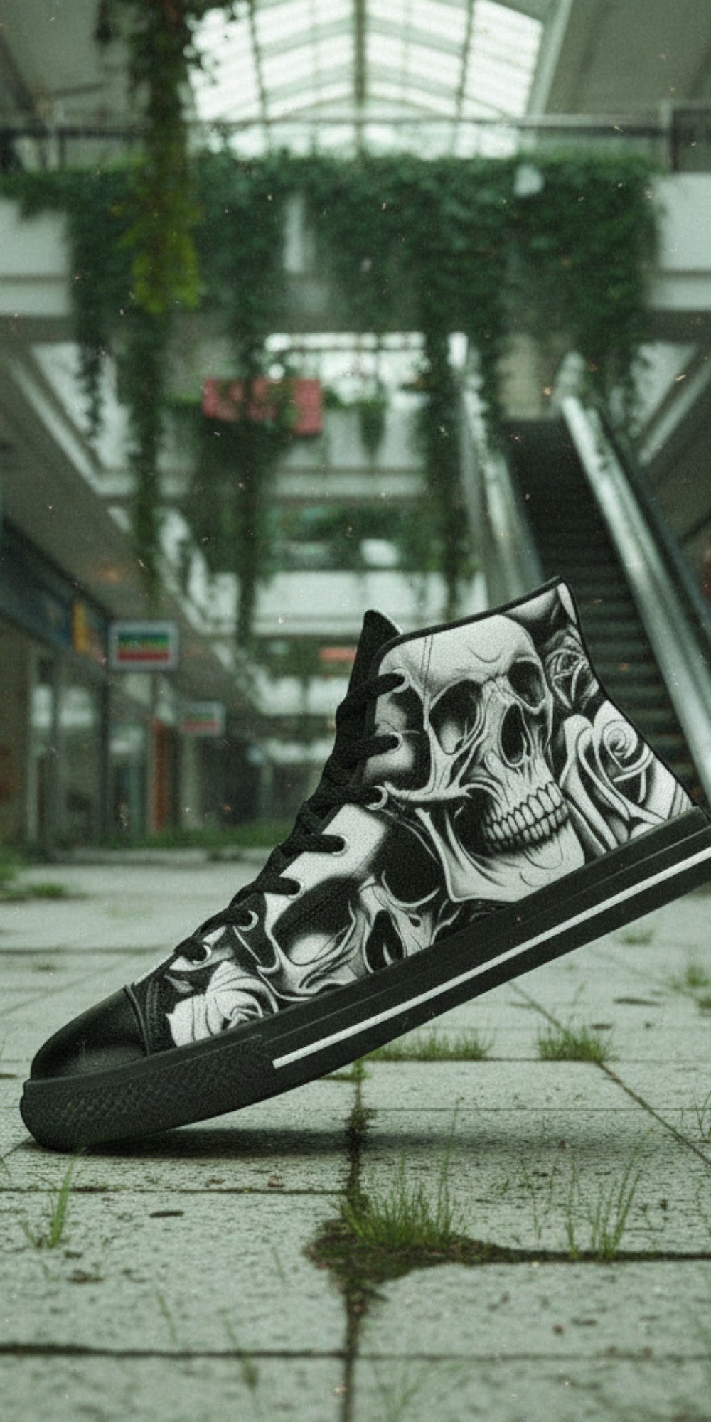 Men's Cartoon Skulls & Roses high-top canvas shoes, custom full-wrap printed design — Freaky Shoes