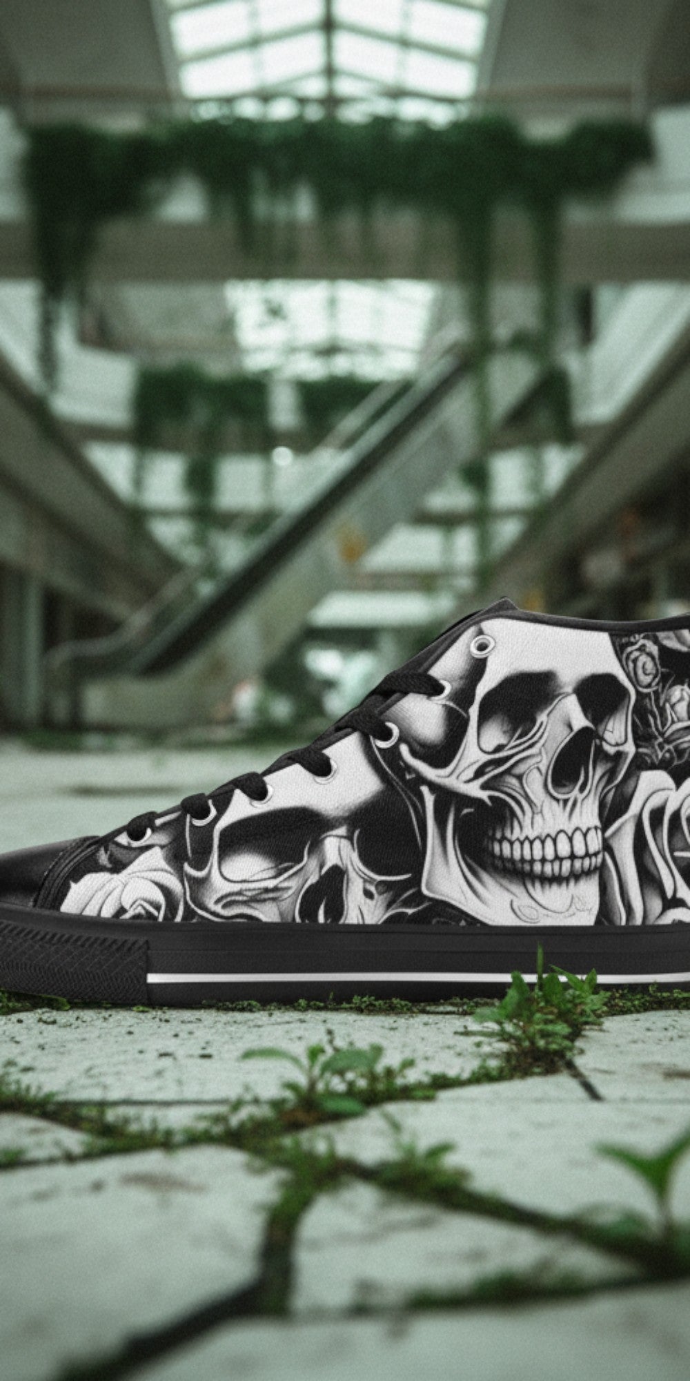 Men's Cartoon Skulls & Roses custom high-top canvas shoes — wearable art by Freaky Shoes