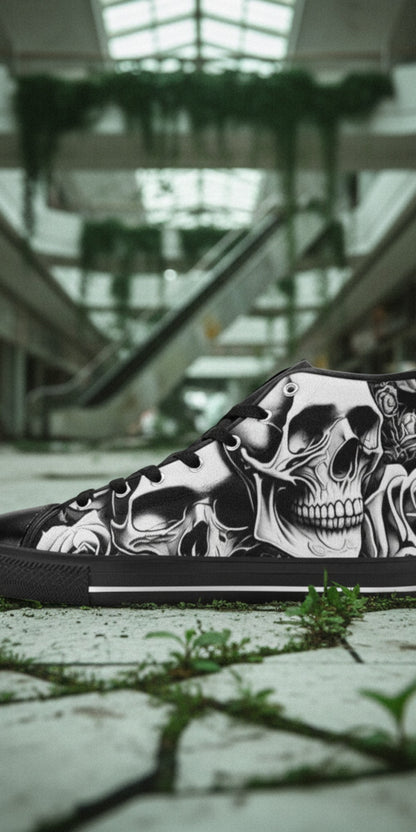 Men's Cartoon Skulls & Roses custom high-top canvas shoes — wearable art by Freaky Shoes
