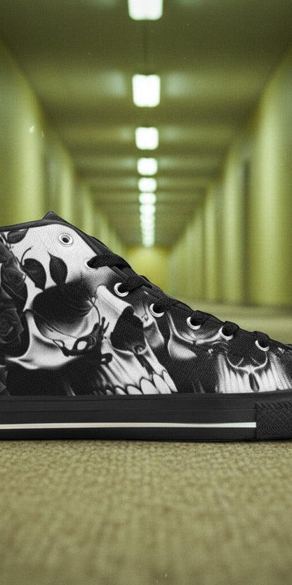 Women's Greyscale Skulls & Roses Black & White hand-made high-top canvas shoes — unique wearable art by Freaky Shoes