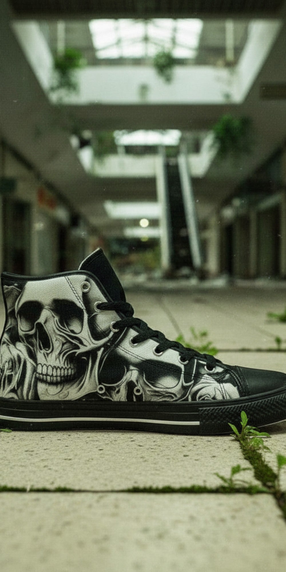 Men's Cartoon Skulls & Roses high-top canvas shoes — one-of-a-kind custom printed art, Freaky Shoes