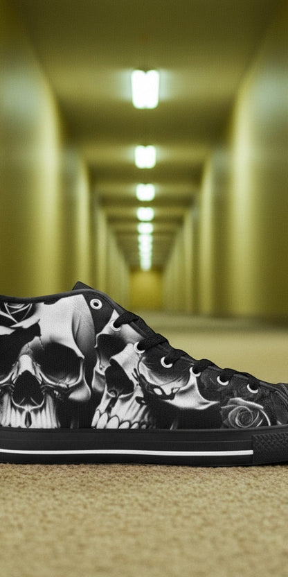 Women's Greyscale Skulls & Roses Black & White custom high-top canvas shoes — wearable art by Freaky Shoes