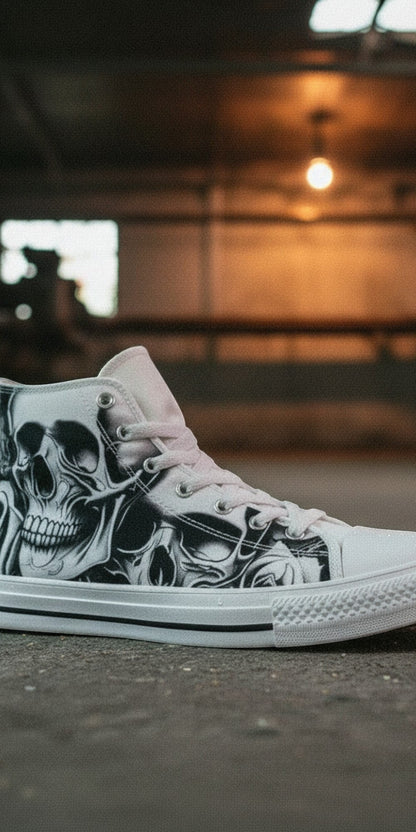Women's Cartoon Skulls & Roses high-top canvas shoes, custom full-wrap printed design — Freaky Shoes