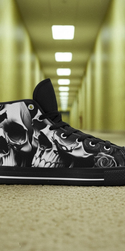 Women's Greyscale Skulls & Roses Black & White hand-made high-top canvas shoes — unique wearable art by Freaky Shoes