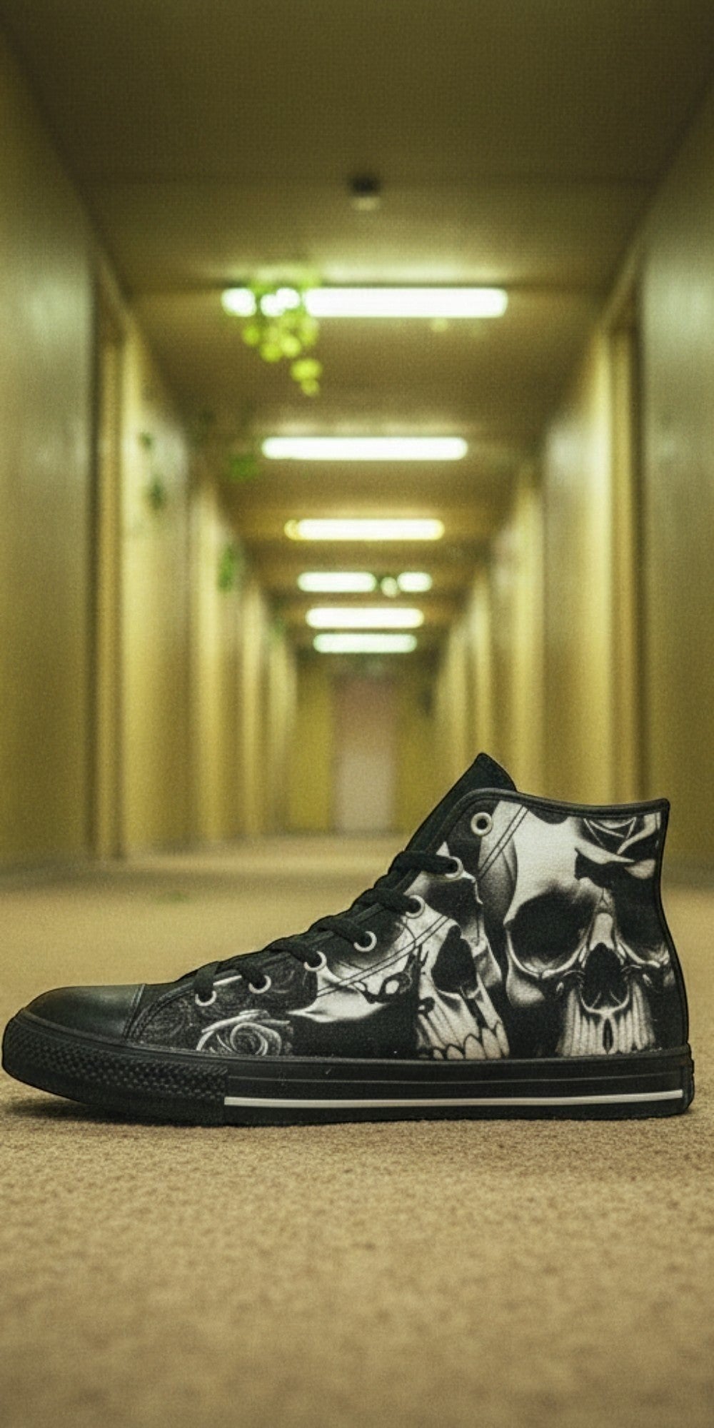 Women's Greyscale Skulls & Roses Black & White high-top canvas shoes, custom full-wrap printed design — Freaky Shoes