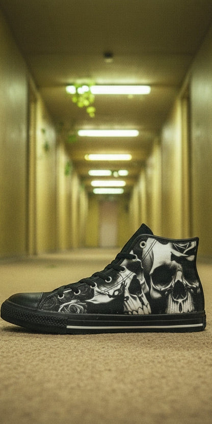 Women's Greyscale Skulls & Roses Black & White high-top canvas shoes, custom full-wrap printed design — Freaky Shoes