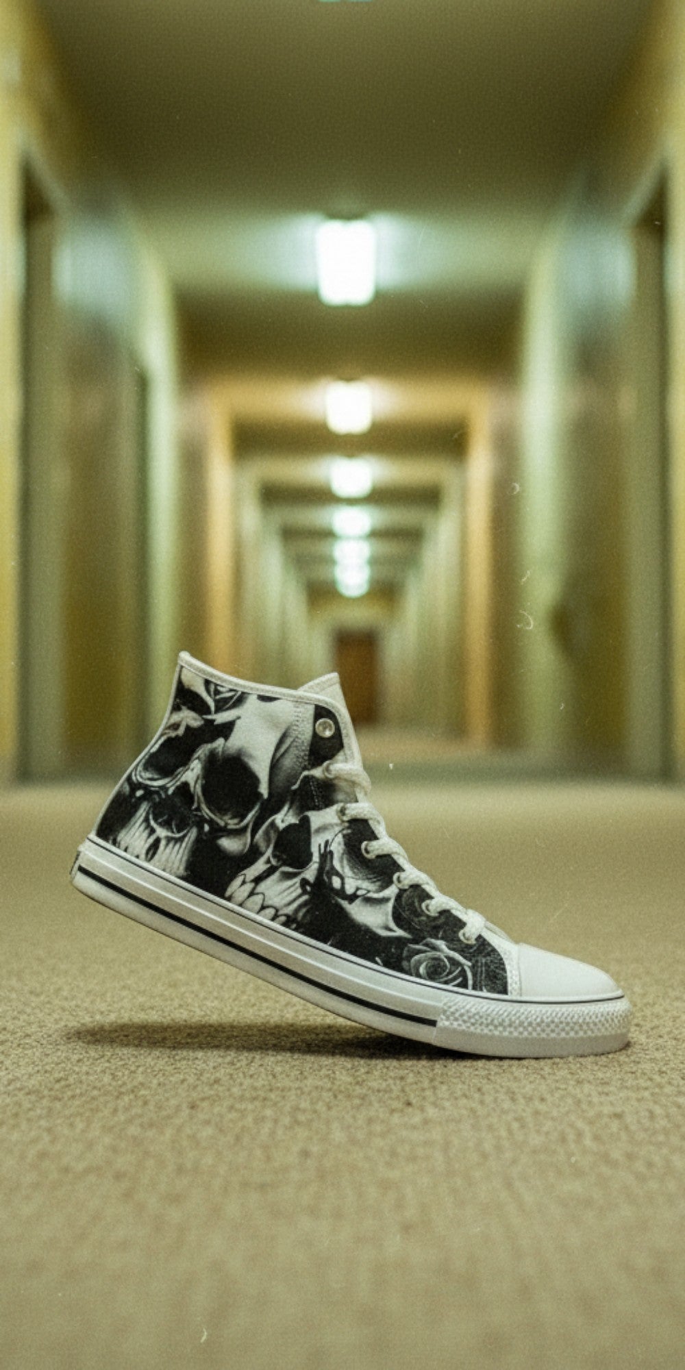 Women's Greyscale Skulls & Roses Black & White high-top canvas shoes, custom full-wrap printed design — Freaky Shoes