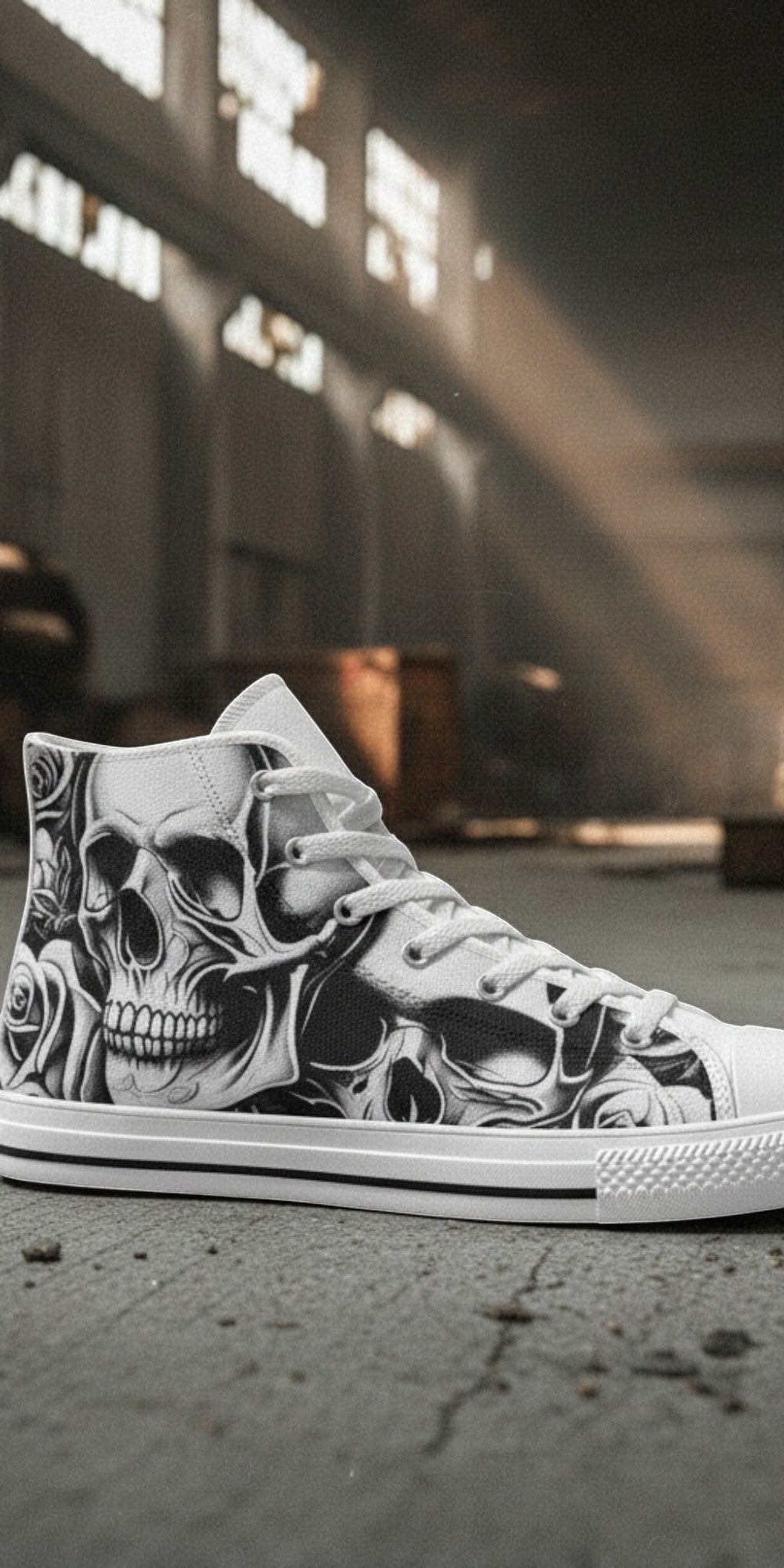 Custom Women's Cartoon Skulls & Roses high-top canvas shoes with bold all-over art — Freaky Shoes
