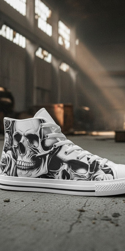 Custom Women's Cartoon Skulls & Roses high-top canvas shoes with bold all-over art — Freaky Shoes