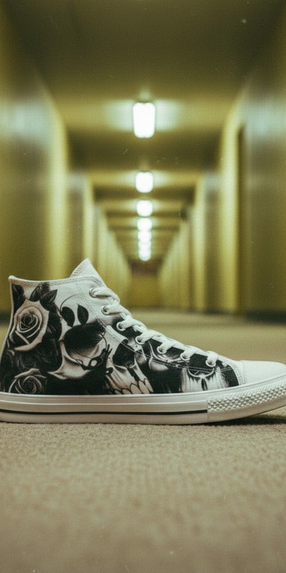 Women's Greyscale Skulls & Roses Black & White high-top canvas shoes — one-of-a-kind custom printed art, Freaky Shoes