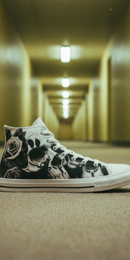 Women's Greyscale Skulls & Roses Black & White high-top canvas shoes — one-of-a-kind custom printed art, Freaky Shoes