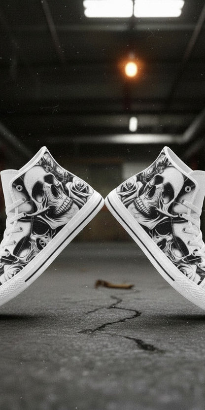 Custom Women's Cartoon Skulls & Roses high-top canvas shoes with bold all-over art — Freaky Shoes
