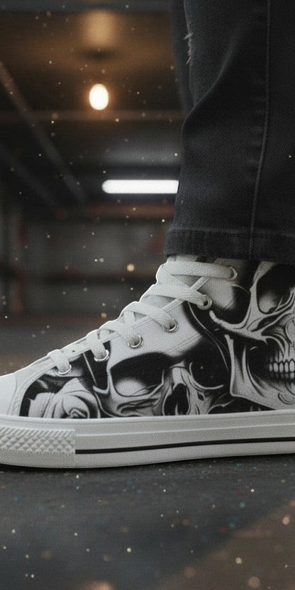 Women's Cartoon Skulls & Roses high-top canvas shoes — one-of-a-kind custom printed art, Freaky Shoes