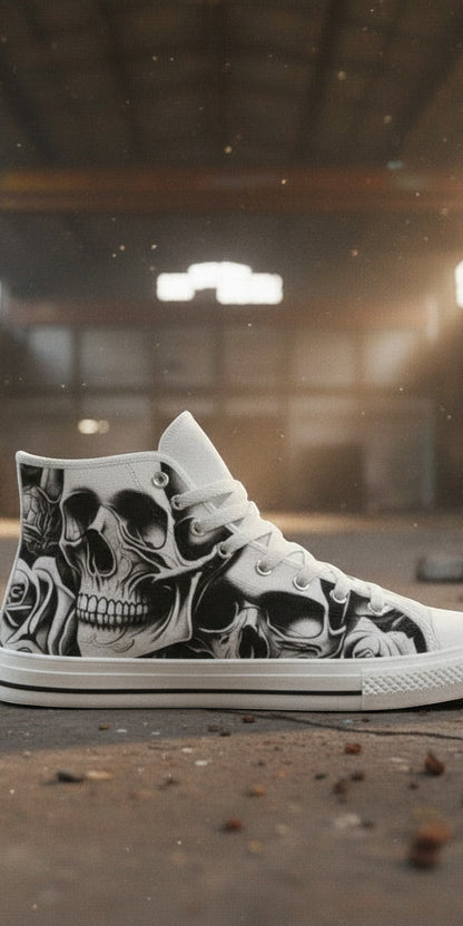 Women's Cartoon Skulls & Roses high-top canvas shoes — one-of-a-kind custom printed art, Freaky Shoes