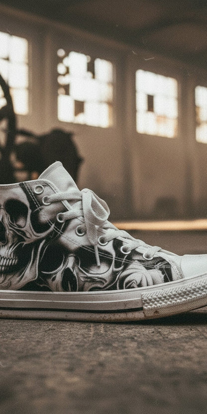Women's Cartoon Skulls & Roses hand-made high-top canvas shoes — unique wearable art by Freaky Shoes