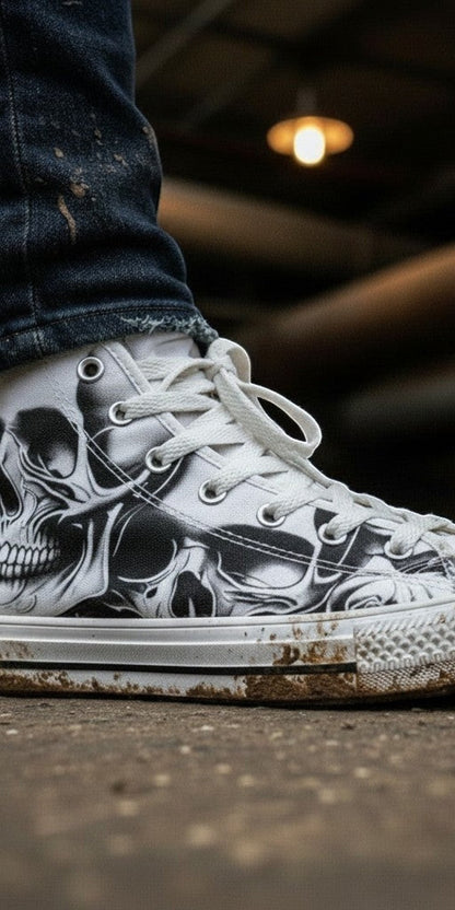 Women's Cartoon Skulls & Roses custom high-top canvas shoes — wearable art by Freaky Shoes