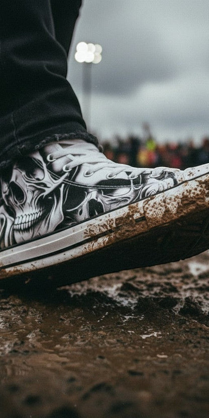 Custom Women's Cartoon Skulls & Roses high-top canvas shoes with bold all-over art — Freaky Shoes