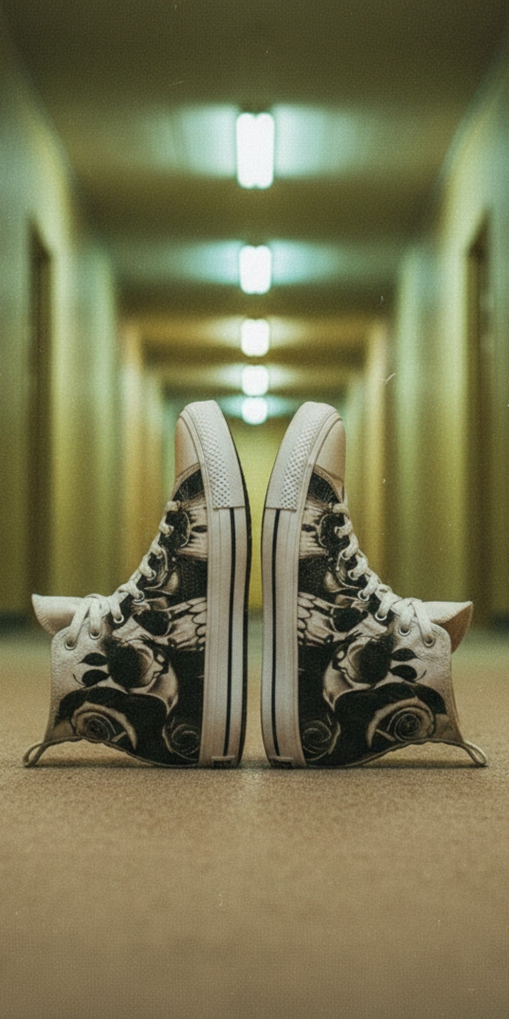 Women's Greyscale Skulls & Roses Black & White high-top canvas shoes — one-of-a-kind custom printed art, Freaky Shoes