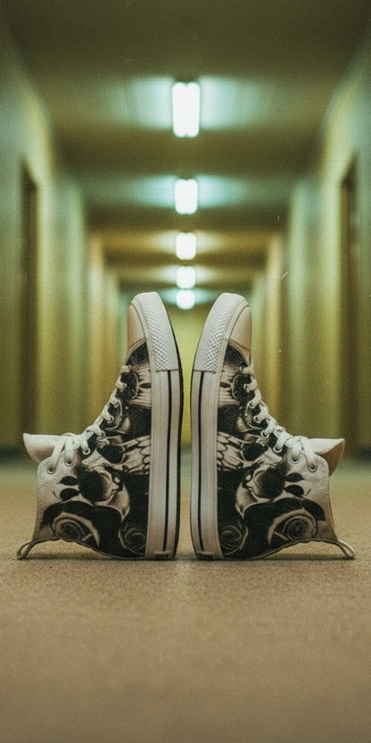 Women's Greyscale Skulls & Roses Black & White high-top canvas shoes — one-of-a-kind custom printed art, Freaky Shoes