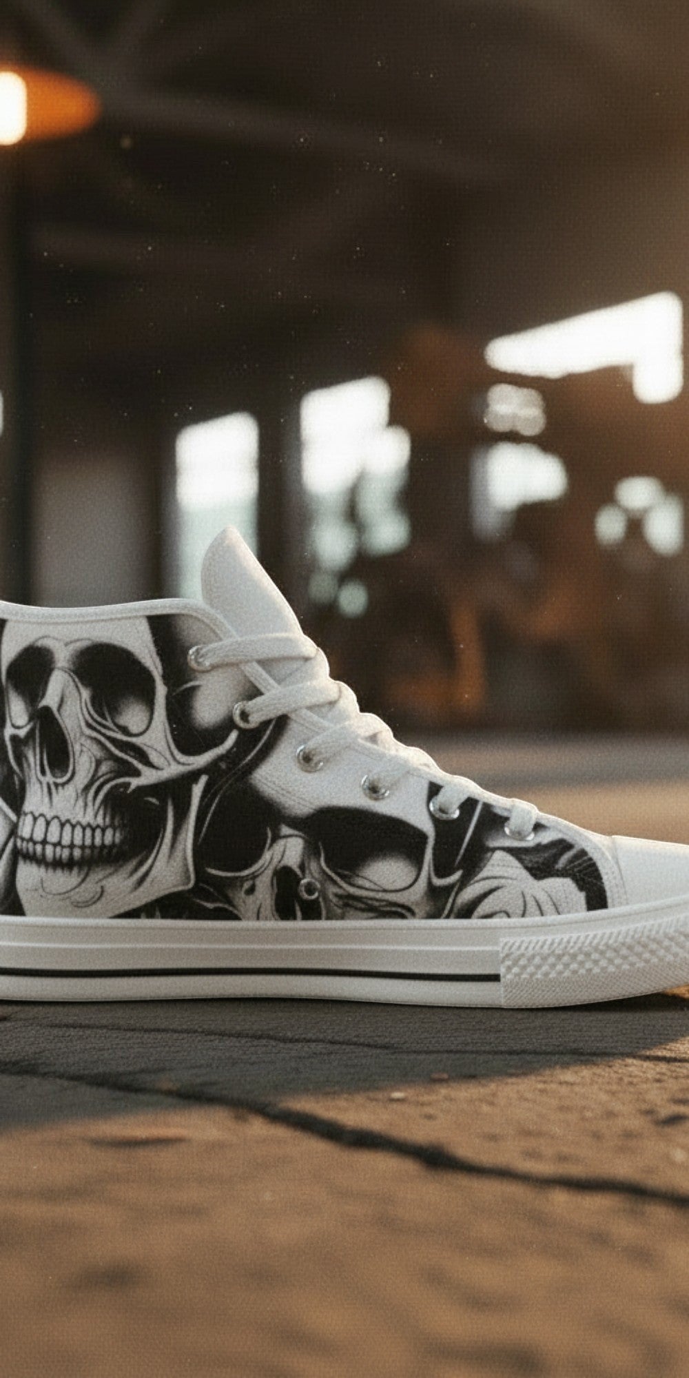 Women's Cartoon Skulls & Roses hand-made high-top canvas shoes — unique wearable art by Freaky Shoes