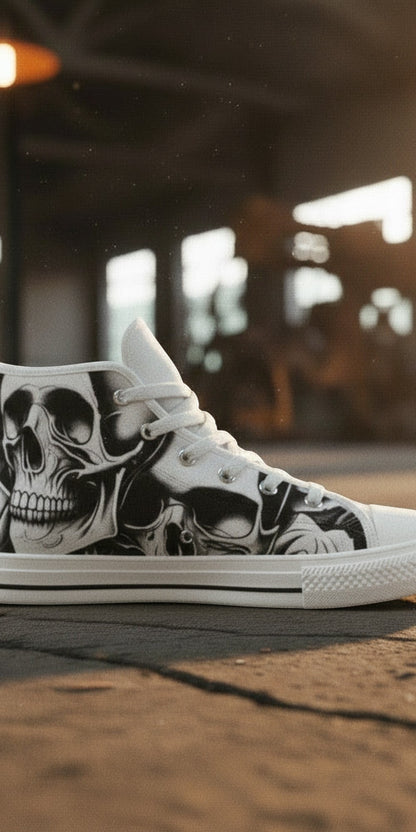 Women's Cartoon Skulls & Roses hand-made high-top canvas shoes — unique wearable art by Freaky Shoes