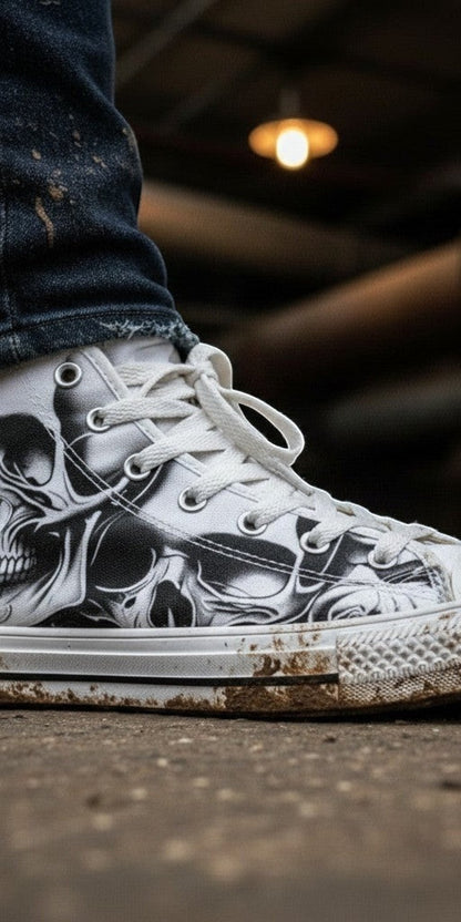 Women's Cartoon Skulls & Roses hand-made high-top canvas shoes — unique wearable art by Freaky Shoes