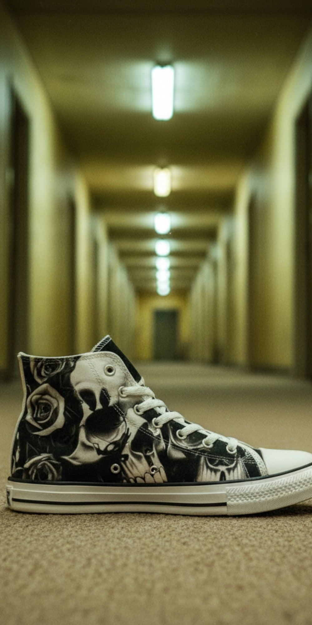 Women's Greyscale Skulls & Roses Black & White hand-made high-top canvas shoes — unique wearable art by Freaky Shoes