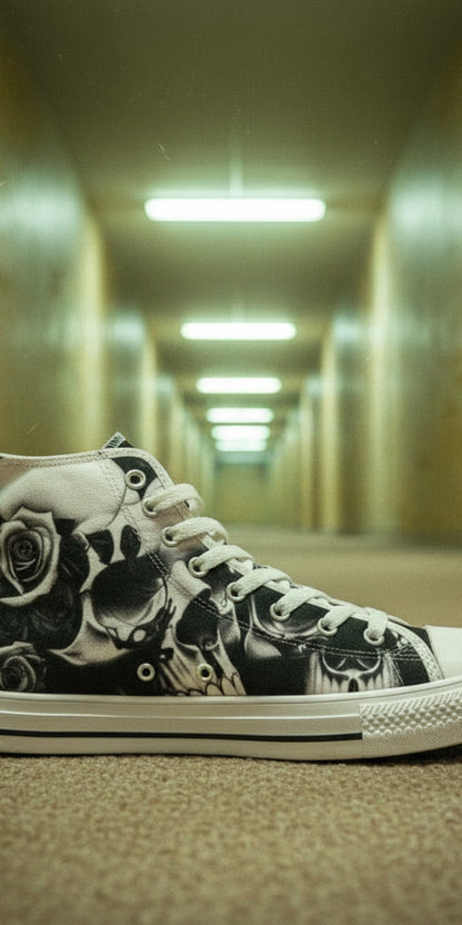 Women's Greyscale Skulls & Roses Black & White hand-made high-top canvas shoes — unique wearable art by Freaky Shoes