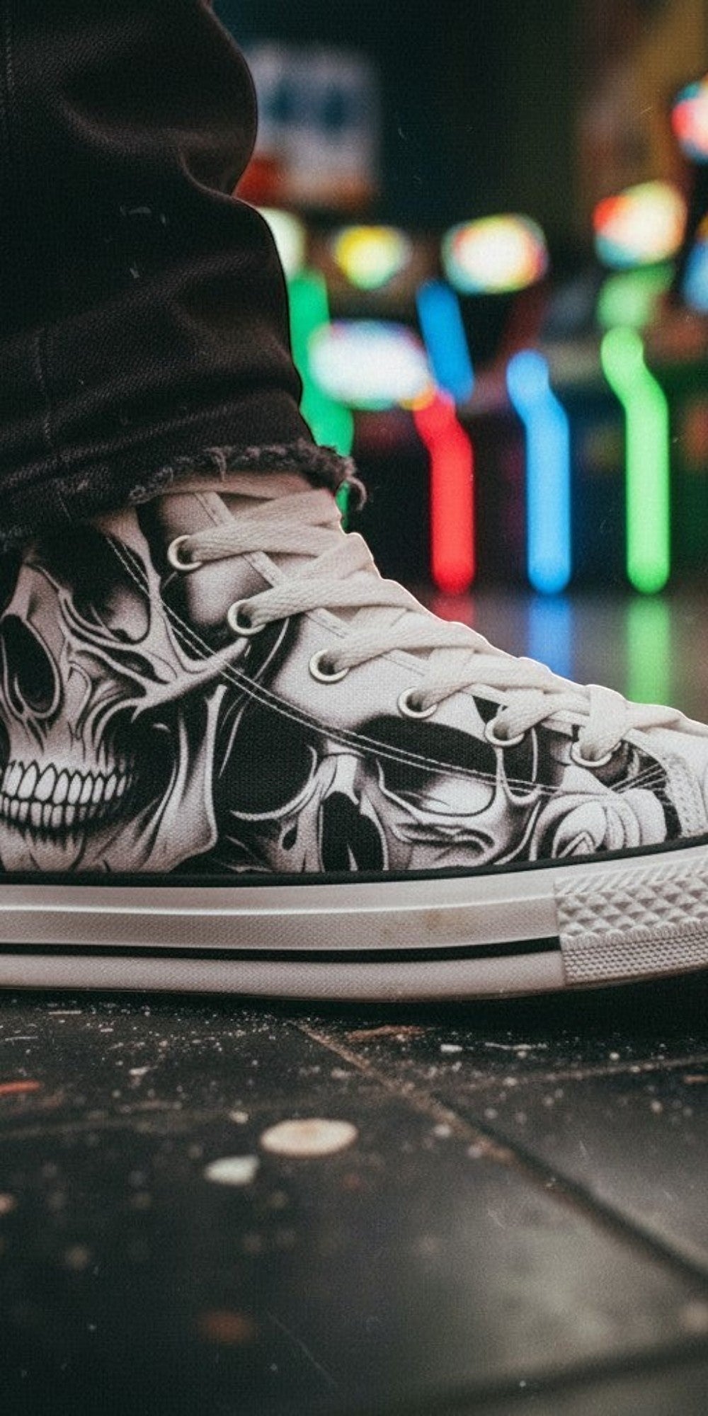 Women's Cartoon Skulls & Roses high-top canvas shoes — one-of-a-kind custom printed art, Freaky Shoes