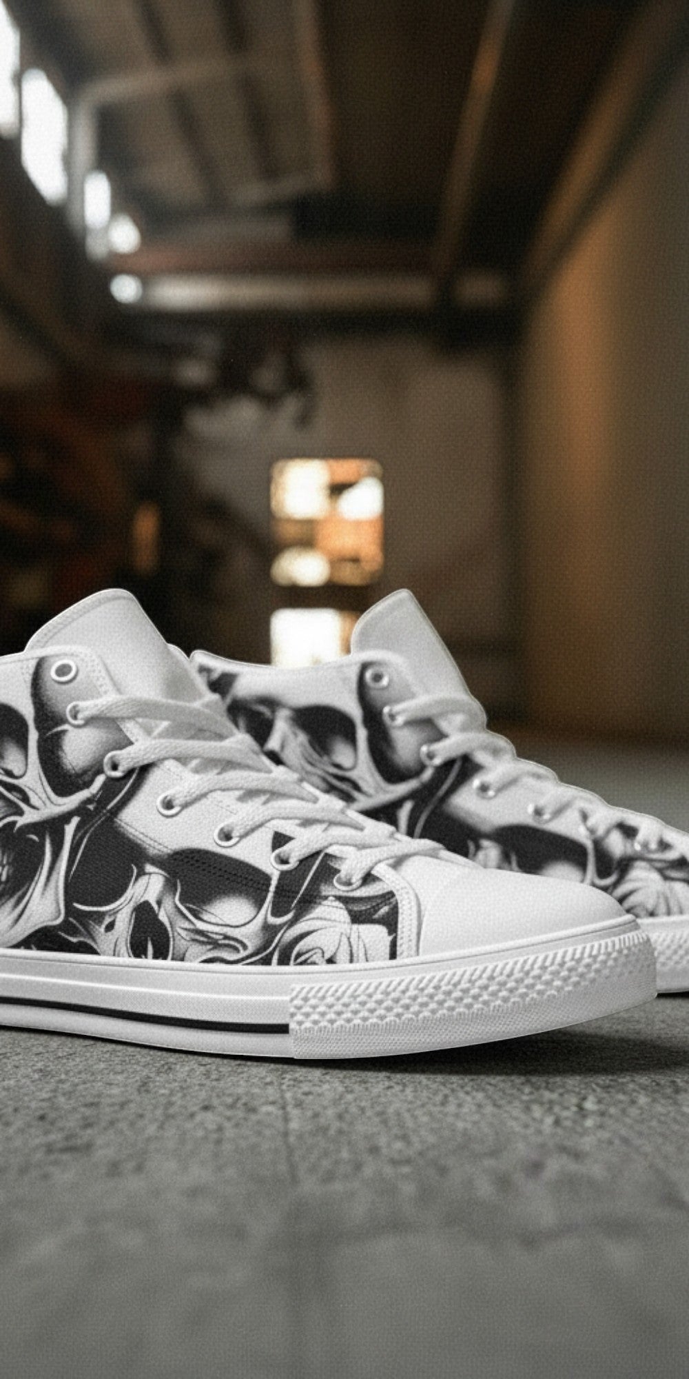 Women's Cartoon Skulls & Roses high-top canvas shoes — one-of-a-kind custom printed art, Freaky Shoes