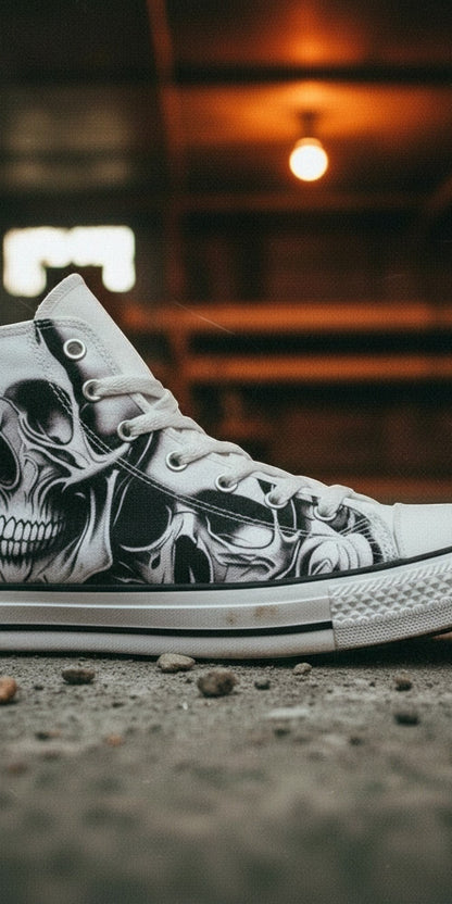 Women's Cartoon Skulls & Roses high-top canvas shoes, custom full-wrap printed design — Freaky Shoes