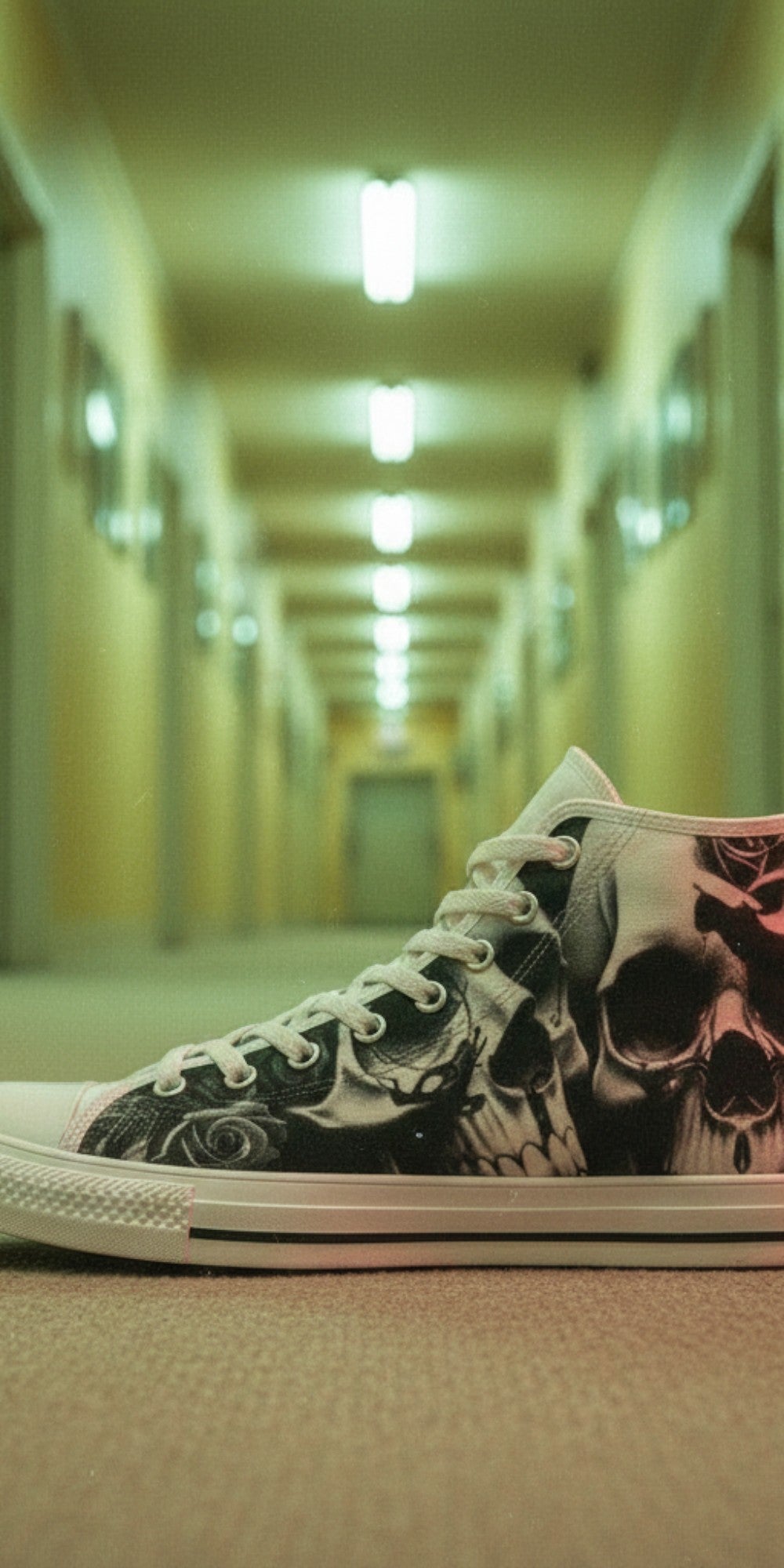Women's Greyscale Skulls & Roses Black & White high-top canvas shoes, custom full-wrap printed design — Freaky Shoes