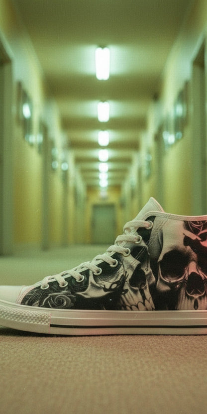 Women's Greyscale Skulls & Roses Black & White high-top canvas shoes, custom full-wrap printed design — Freaky Shoes
